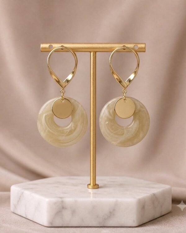 Cream Marble & Geometric Gold Earrings