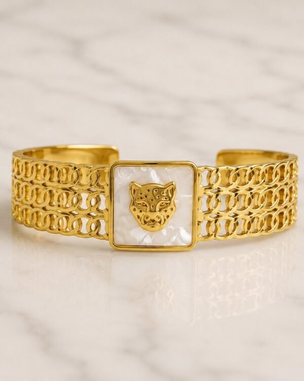 Gold Panther Head & White Bracelet