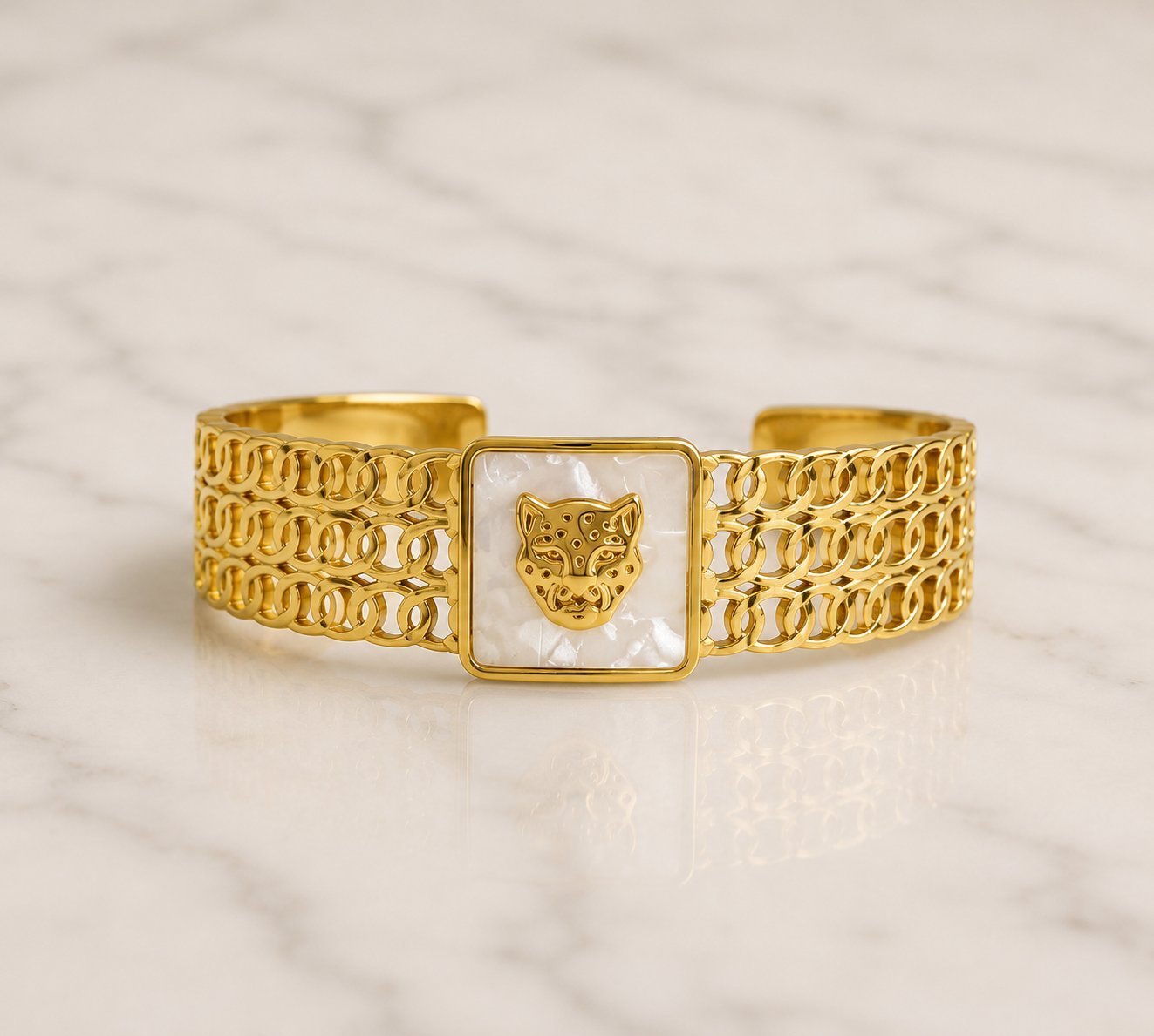 Gold Panther Head & White Bracelet