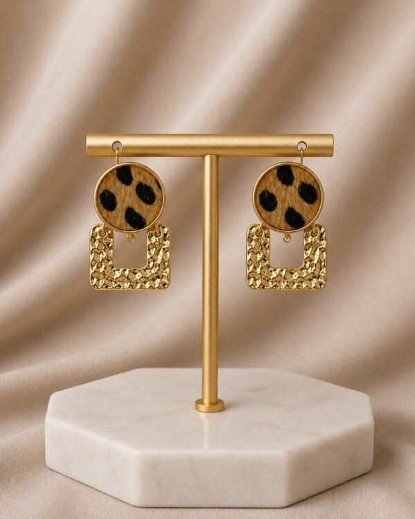 Leopard Print Fur & Gold Earrings Beige