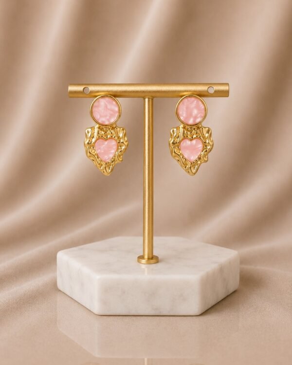 Pink Resin Heart & Circle Gold Plated Earrings